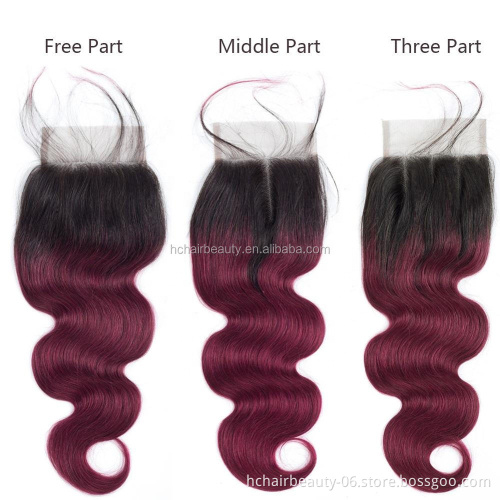 Wholesale Brazilian Hair Weave Ombre Bundles With Closure T1B/99j Human Hair Bundles with Closure Vendor